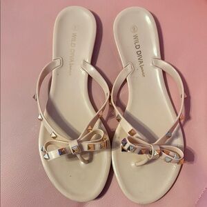 Wild Diva Beige Bow Sandals with Pyramid Studs